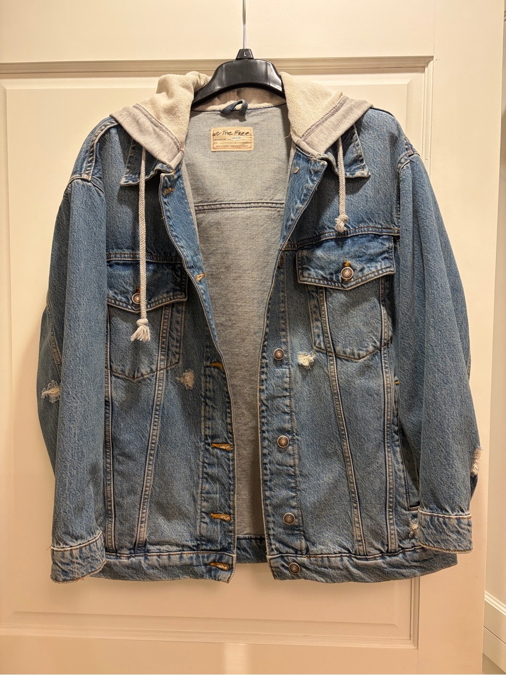 We The Free Light Blue Denim Jacket with Cream Hood